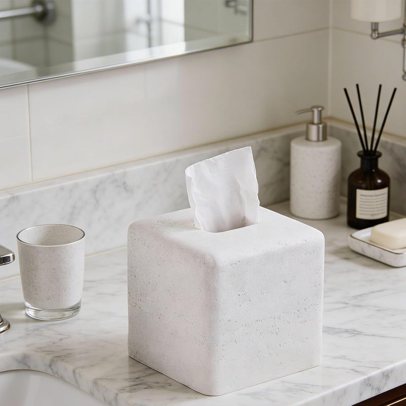 Polytree White Sandstone Tissue Box Cover Square for Home Decor,Resin Heavy Tissue Box Holder for Bathroom Countertop,Tabletop,Bedside Table,Office (Handmade of Resin) - Image 2